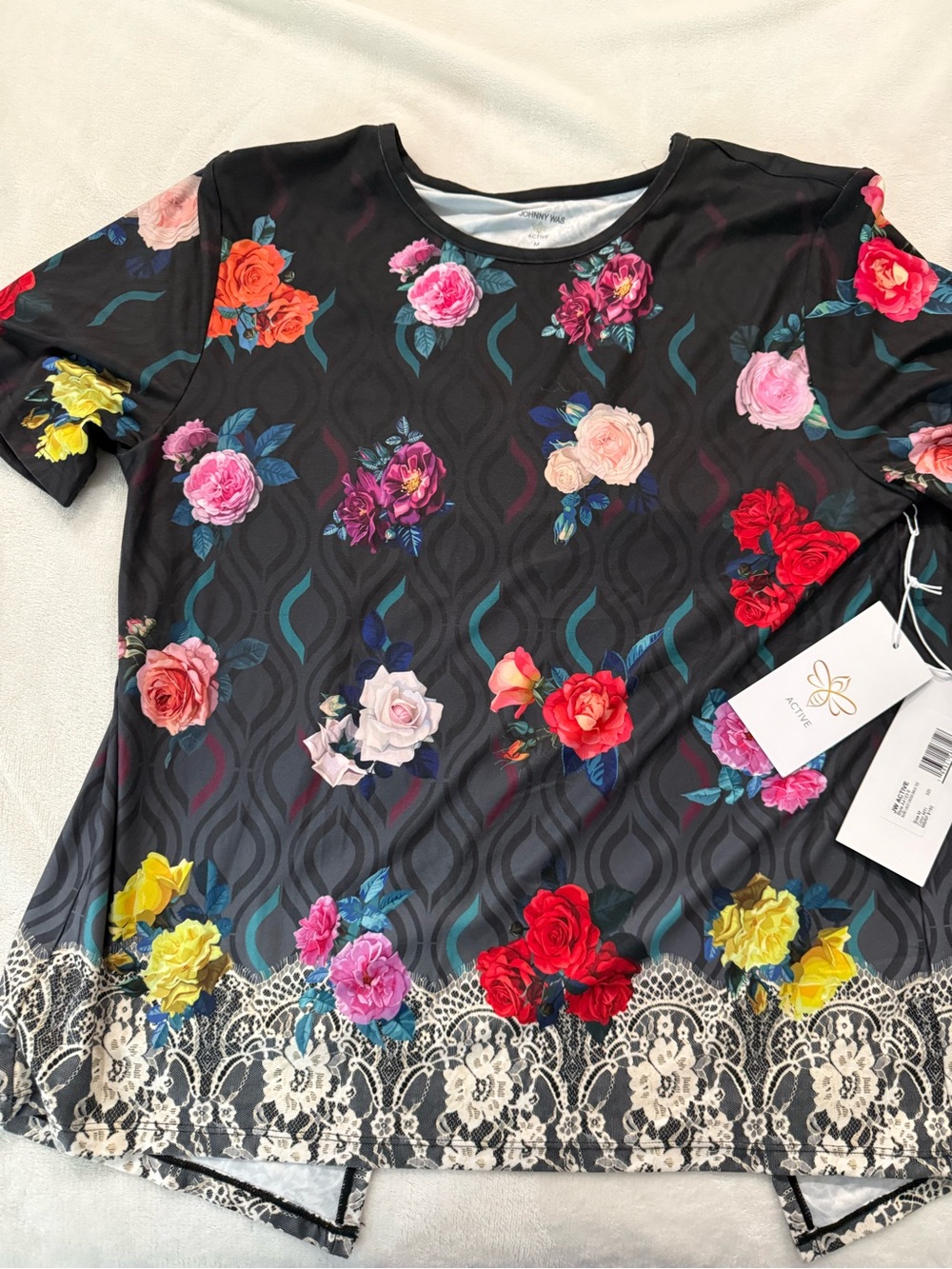 Johnny Was ROSE LACE CROSS BACK TEE Size Medium Retail $150 E24